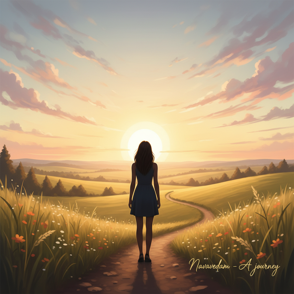 create a 1:1 image where natural background a girl seeing sun we have to focus from her back on imgae write Navavedam - A journey 